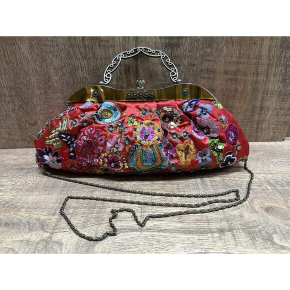 Y2K - Vintage red beaded embroidered purse with top handle and crossbody chain - Picture 1 of 14
